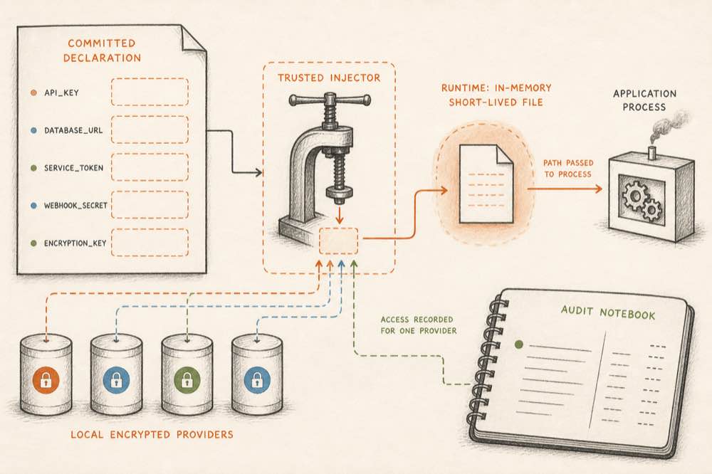 A trusted injector supplies credentials directly to an authorized process while the agent handles only names and operations