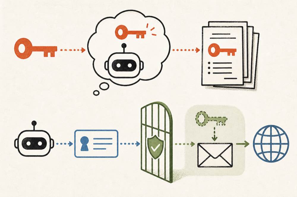 An agent invokes a brokered tool while the credential remains outside model context