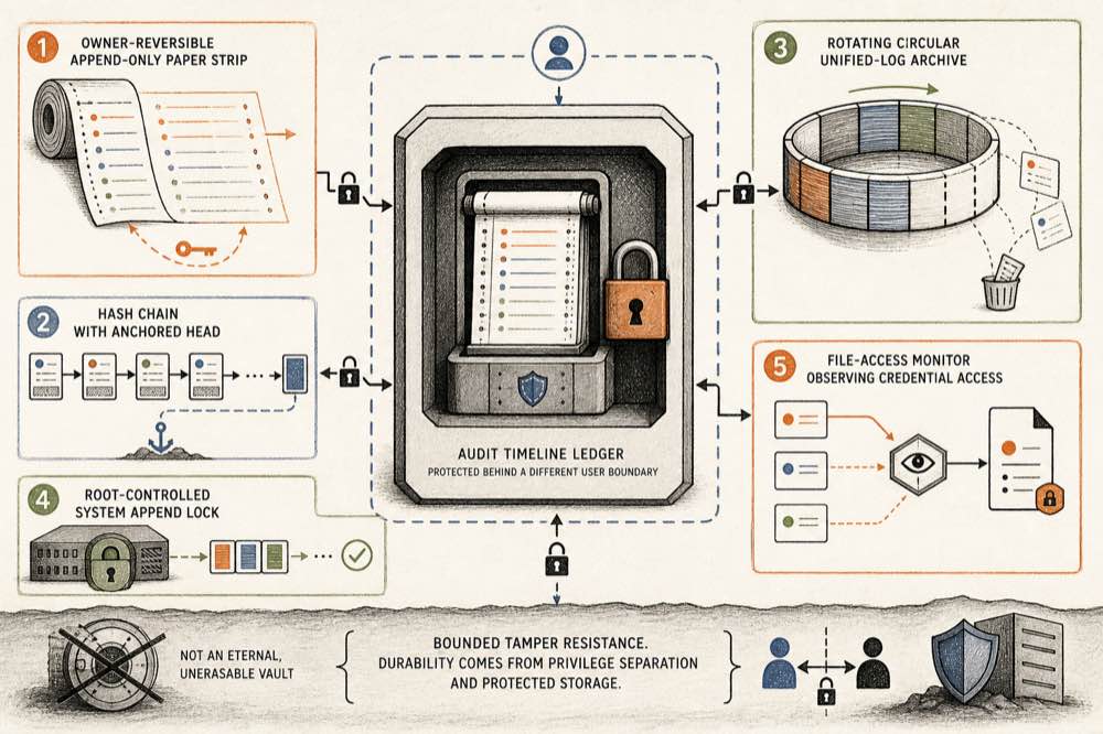 A macOS audit trail combines bounded local logs, append flags, monitoring, and a protected sink