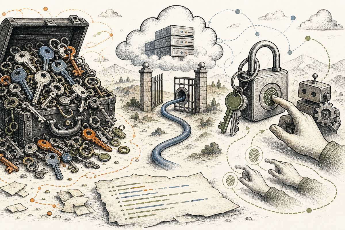 A crowded personal password vault, a network-dependent credential server, a local lock requiring human approval, and scattered environment files representing the tradeoffs among existing tools