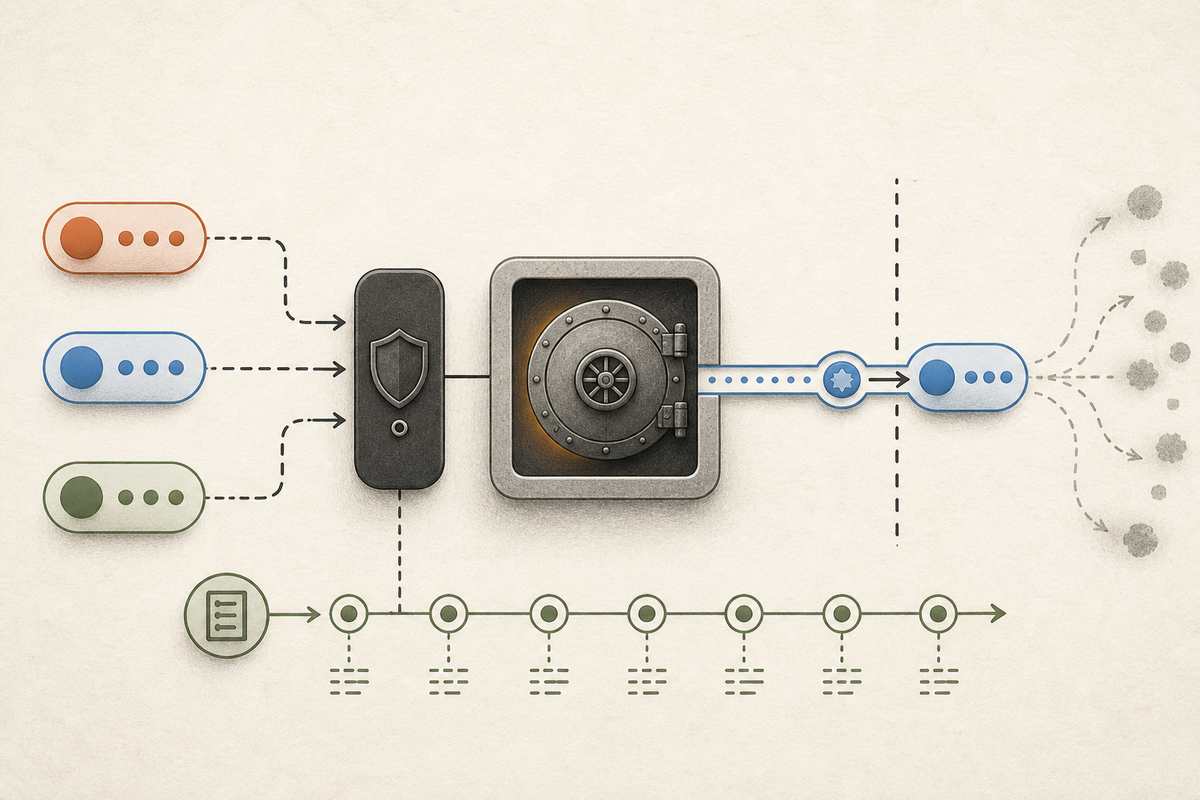 Several agents requesting credentials through a local daemon gate, with an approved credential delivered to one child process and every action recorded in a ledger below