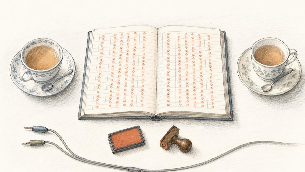 Two teacups facing each other across a desk beside an open ledger in which every single line has been marked with the same identical stamp, and a stereo cable whose two strands merge into one