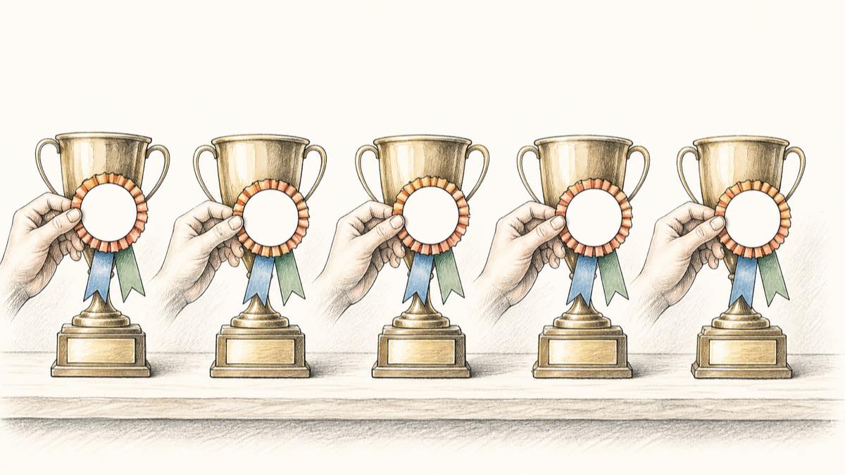 Five identical brass trophies in a row, each with a hand reaching from behind it to pin a blank award rosette onto itself