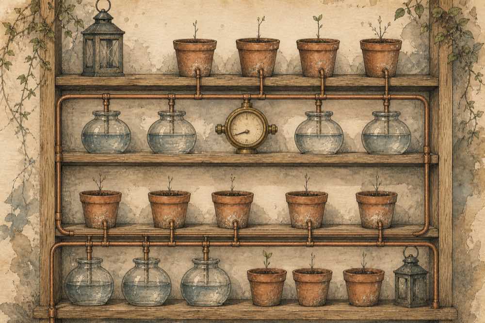 A shelf rack of small dormant pots and water jars all fed by a single copper pipe through one brass meter whose needle rests low