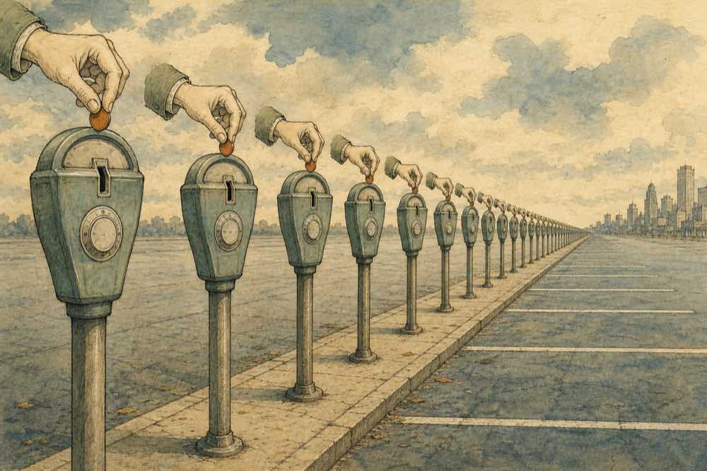 A row of identical parking meters receding to the horizon, a coin dropped into every one, with every parking space beside them empty