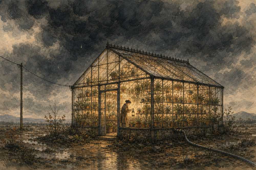 A single lamplit greenhouse alone under a gathering storm, one person tending every shelf inside, fed by one power line and one pipe
