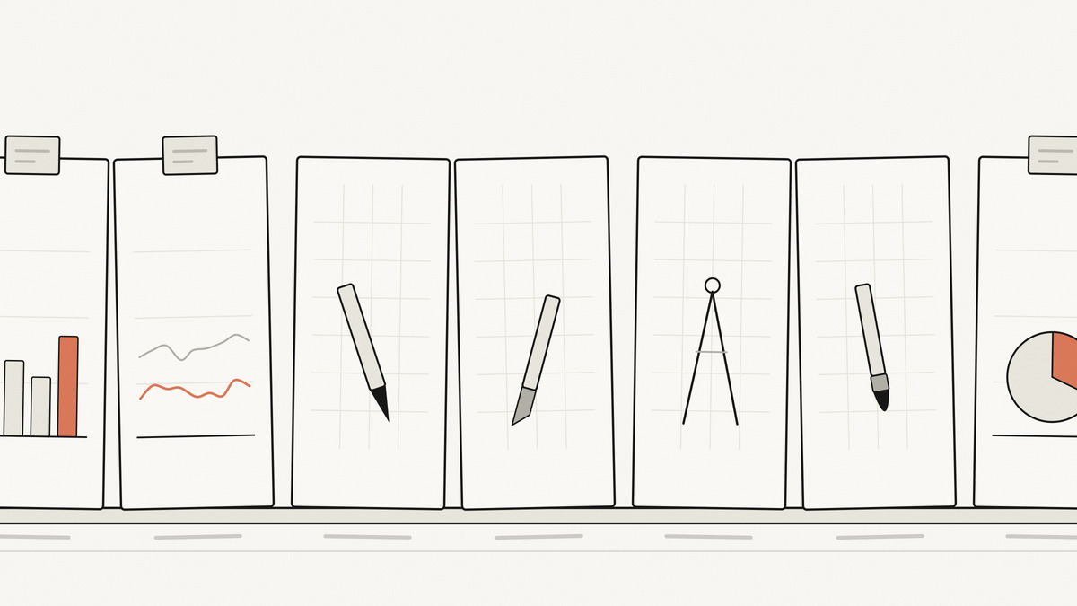 Seven upright cards on a shelf: three arrive with a finished chart already printed on them and a stencil plate clipped on top, four are blank grid paper holding a bare ruling pen, scalpel, dividers and brush
