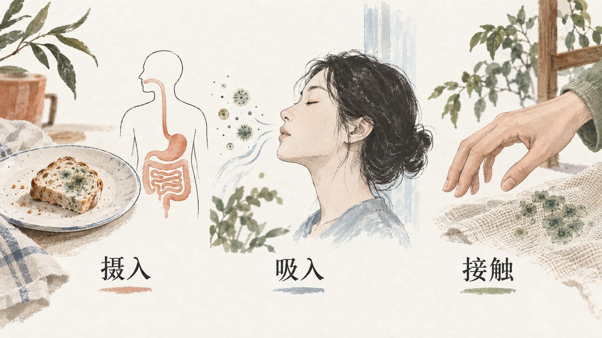 三种接触途径的概念示意：食物进入消化道、空气中的颗粒被吸入、皮肤接触受污染织物；不表示风险大小相同