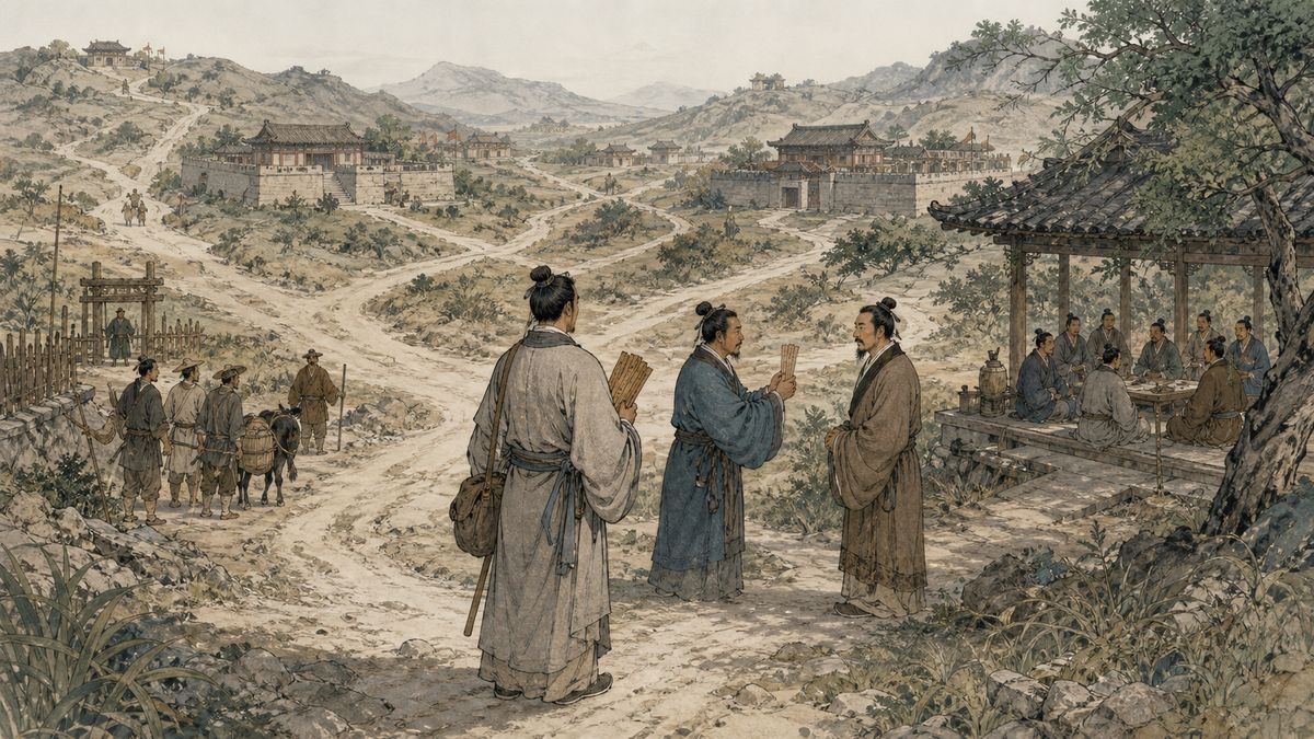 战国游士持简牍站在通往多座王廷的岔路，靠引见者与赞助网络接近雇主