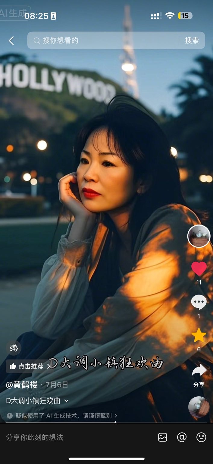 Screenshot of the “Small Town Carnival in D Major” video posted by the Douyin account Huanghelou on July 6, 2026, with an “AI-generated” badge and a notice that AI generation was likely used; it had 11 likes when captured