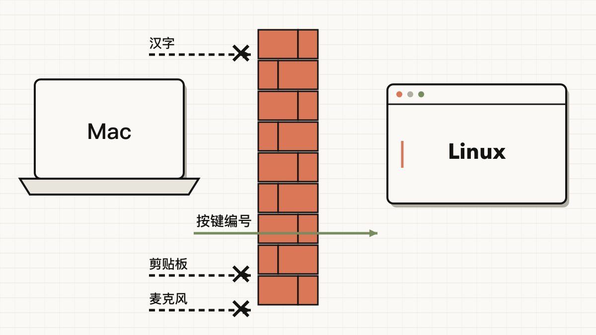 Mac 和 Linux 虚拟机之间隔着一道墙,按键编号能穿过墙,汉字、剪贴板和麦克风声音被挡在墙外