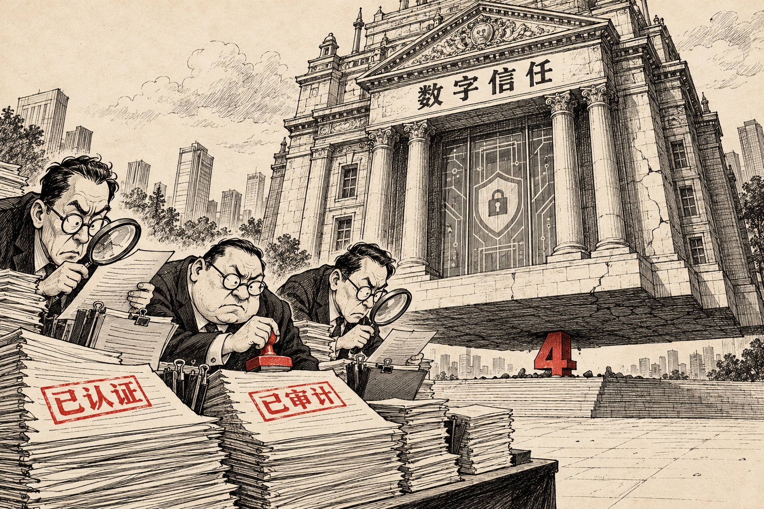 检查人员在厚厚的报告上盖已认证和已审计印章，身后的数字信任大楼却仅靠一个小小的红色数字 4 支撑
