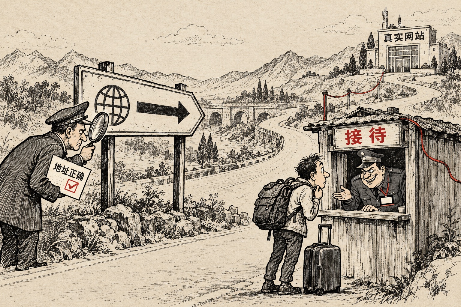 检查员确认指向真实网站的路牌地址正确，冒牌接待员却在途中拦下访问者，并通过线路向真实网站转接通信