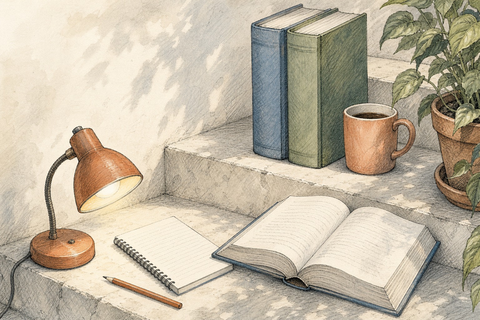 Two pale stone steps: a desk lamp, a notebook, and an open textbook on the lower step, and two thick textbooks standing upright on the upper step