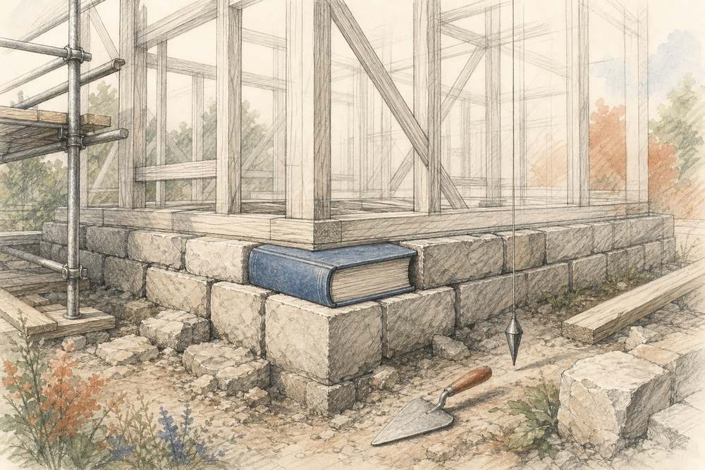 A house foundation under construction, with a thick blue book set into the stone footing as the cornerstone