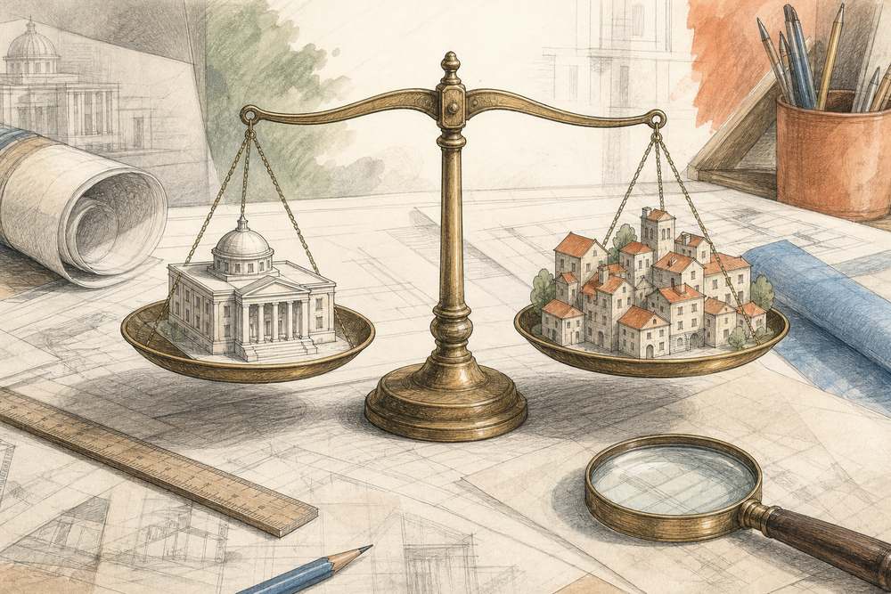 A brass balance scale on a drafting table, with a model of one large building on one pan and a cluster of small connected houses on the other, almost level