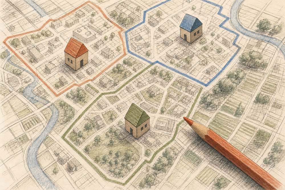 A hand-drawn town map divided into districts by coloured-pencil boundary lines, with a small wooden house in each district