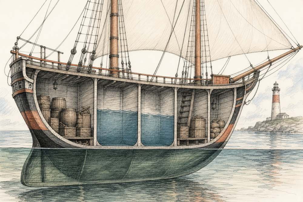 A cutaway sailing ship whose hull is divided by bulkheads, so that water in the flooded compartments stays contained and the ship floats level, with a lighthouse in the distance