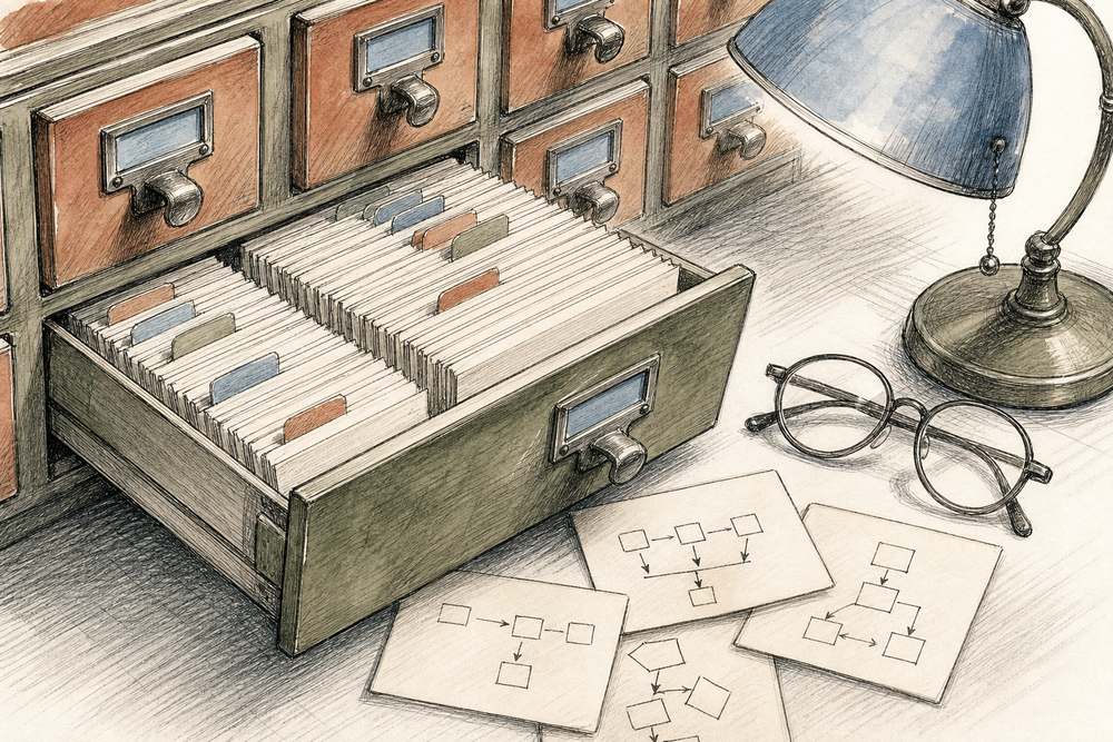 A library card catalog with one drawer open and a few index cards on the desk, each showing a small diagram of boxes and arrows
