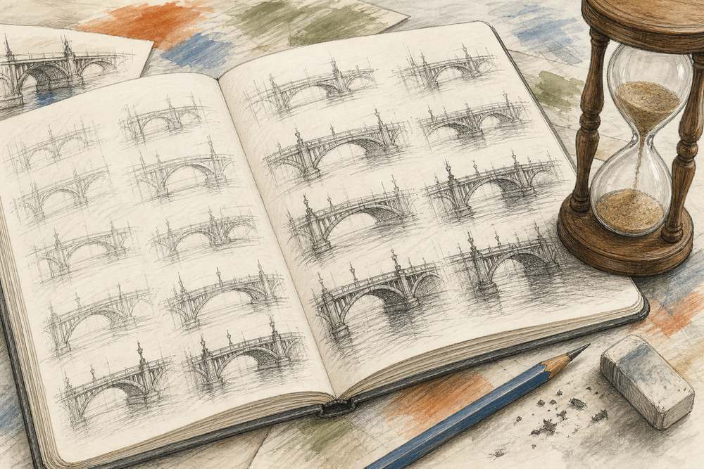 An open sketchbook with the same bridge drawn many times, next to an hourglass