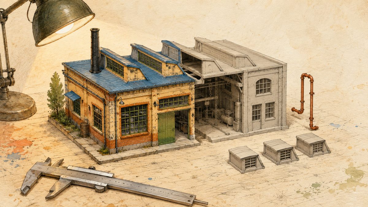 建筑资产验收的原创示意：带颜色外观、灰色几何、独立管道与重复通风构件分别接受检查