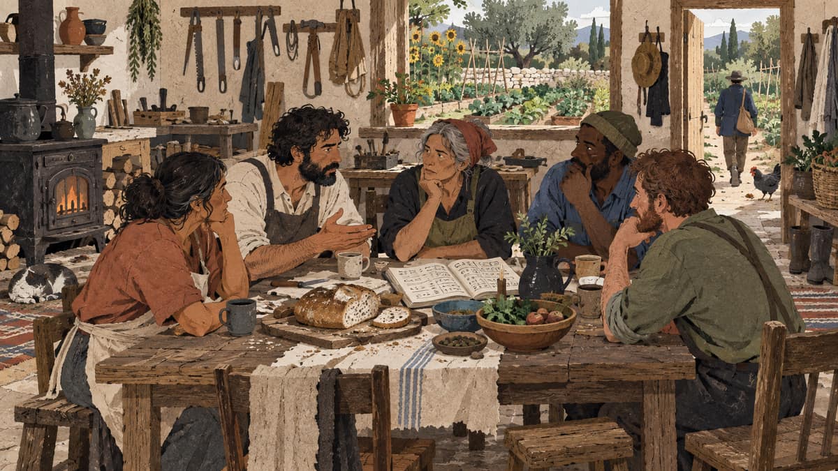Members of an imagined intentional community discuss work and resources around a shared table while one person leaves through an open doorway.