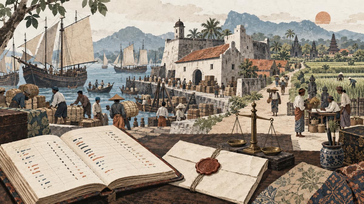 A merchant ledger and charter overlook an inhabited Asian harbor, fortified warehouses, cultivated fields, and a tax collection table in a conceptual illustration of company rule.